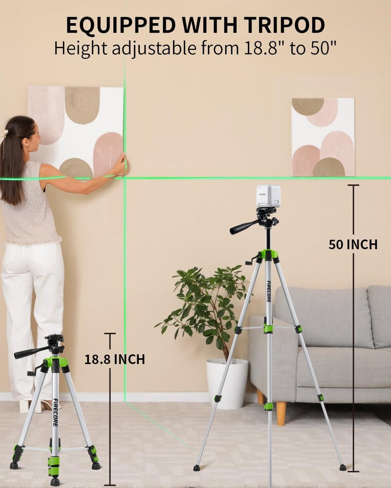 Firecore Laser Level with 50" Tripod, Self Leveling Cross Line Laser Level, Green Lazer Leveler Tool for Hanging Pictures Shelves DIY Projects, Battery and Carry Pouch Included - Image 3